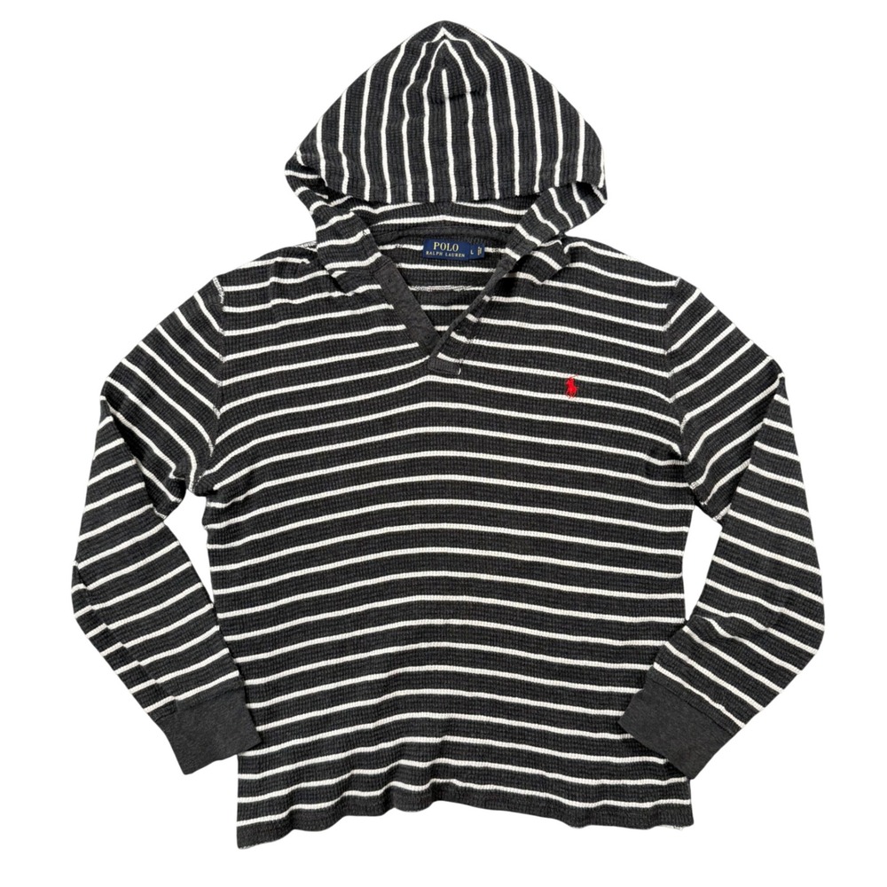 Polo Ralph Lauren Striped Thermal Hoodie Charcoal Gray Waffle Knit Womens L